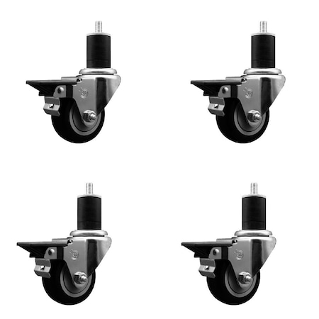 Service Caster 3'' Black Poly Swivel 1-3/4'' Expanding Stem Caster Set with Brake, 4PK SCC-EX20S314-PPUB-BLK-PLB-134-4